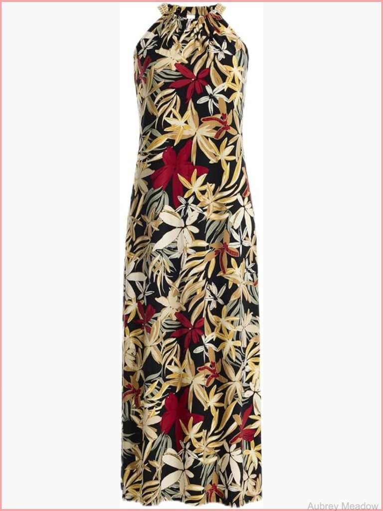 Chain Halter Printed Midi Dress - Sleeveless, Floral, Fitted Shift